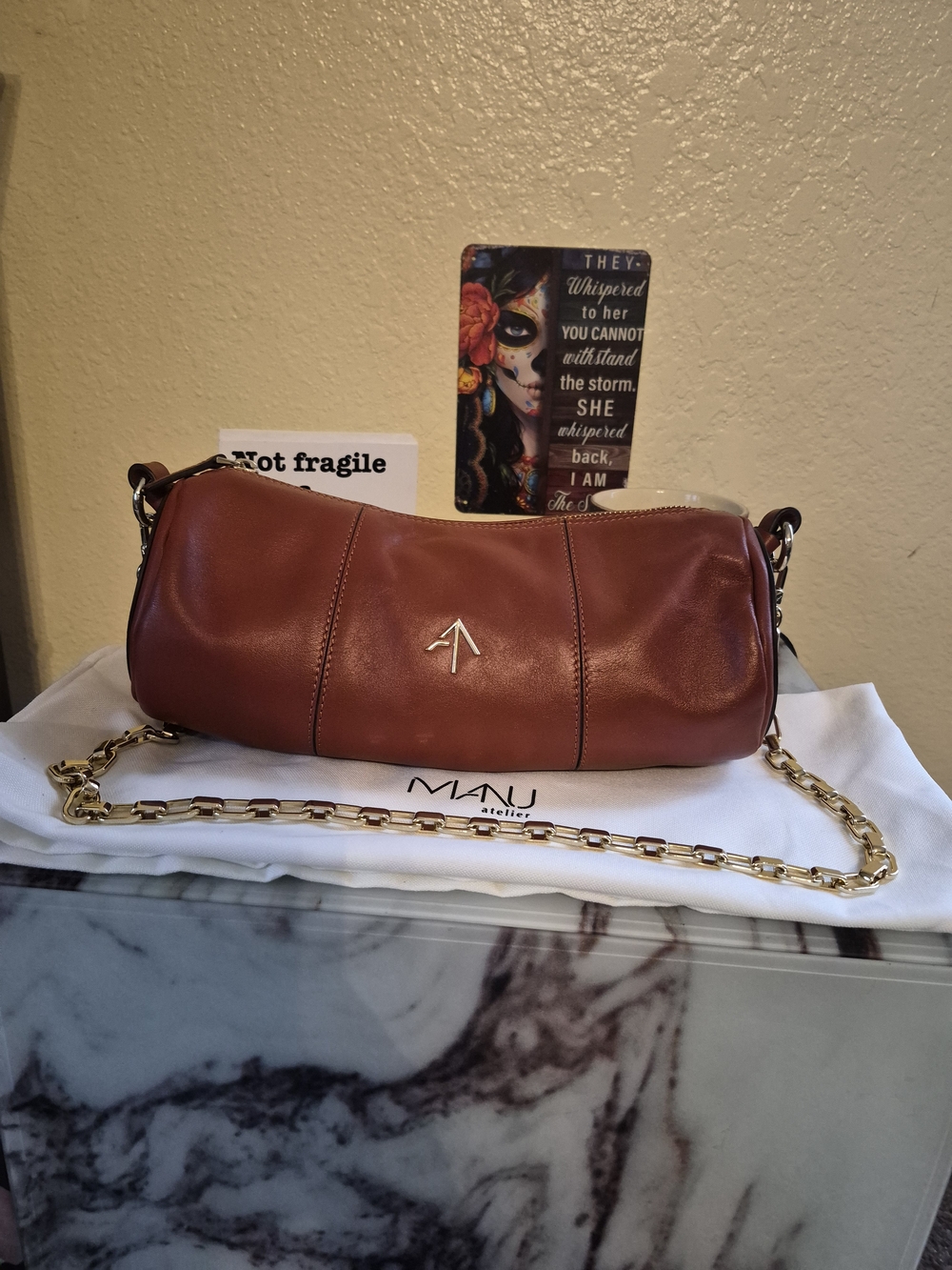 Manu Atelier Brown Leather Shoulder Barrel  Bag with Gold Chain And Dustbag